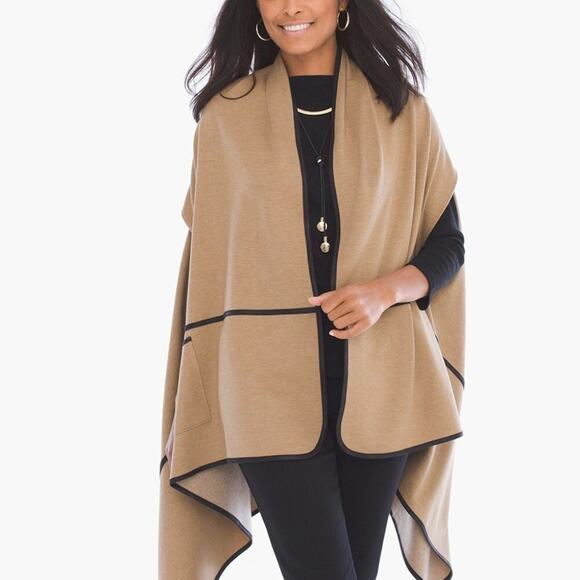 Chico's Sweaters - Chico's Womens Stretch Contrast Edging Ann Marie Ruana Wrap Brown One Size‎